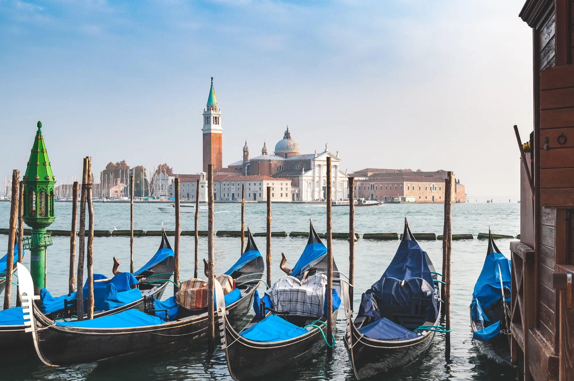 Gondolas moored on the water in Venice